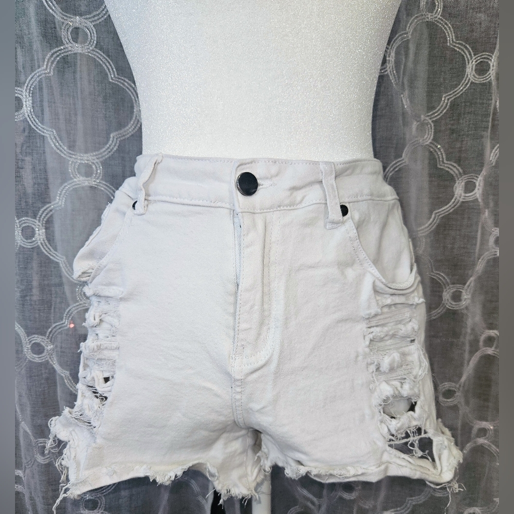 White Distressed Women Jean Shorts - Size L